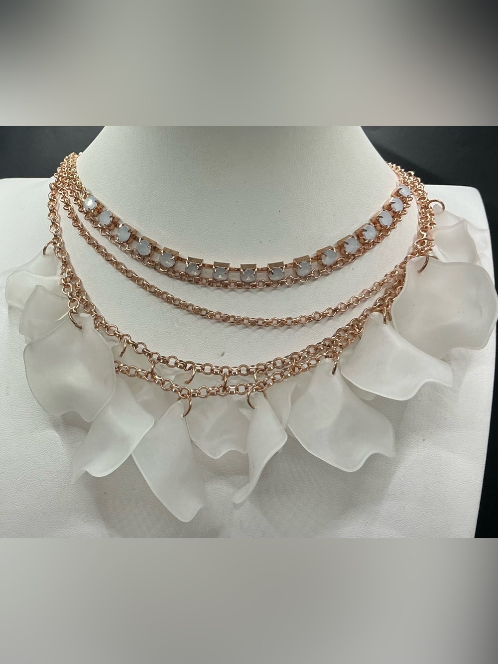 ROSE GOLD TONE FLORAL CALALILLY PETAL RHINESTONE MULTI LAYER NECKLACE